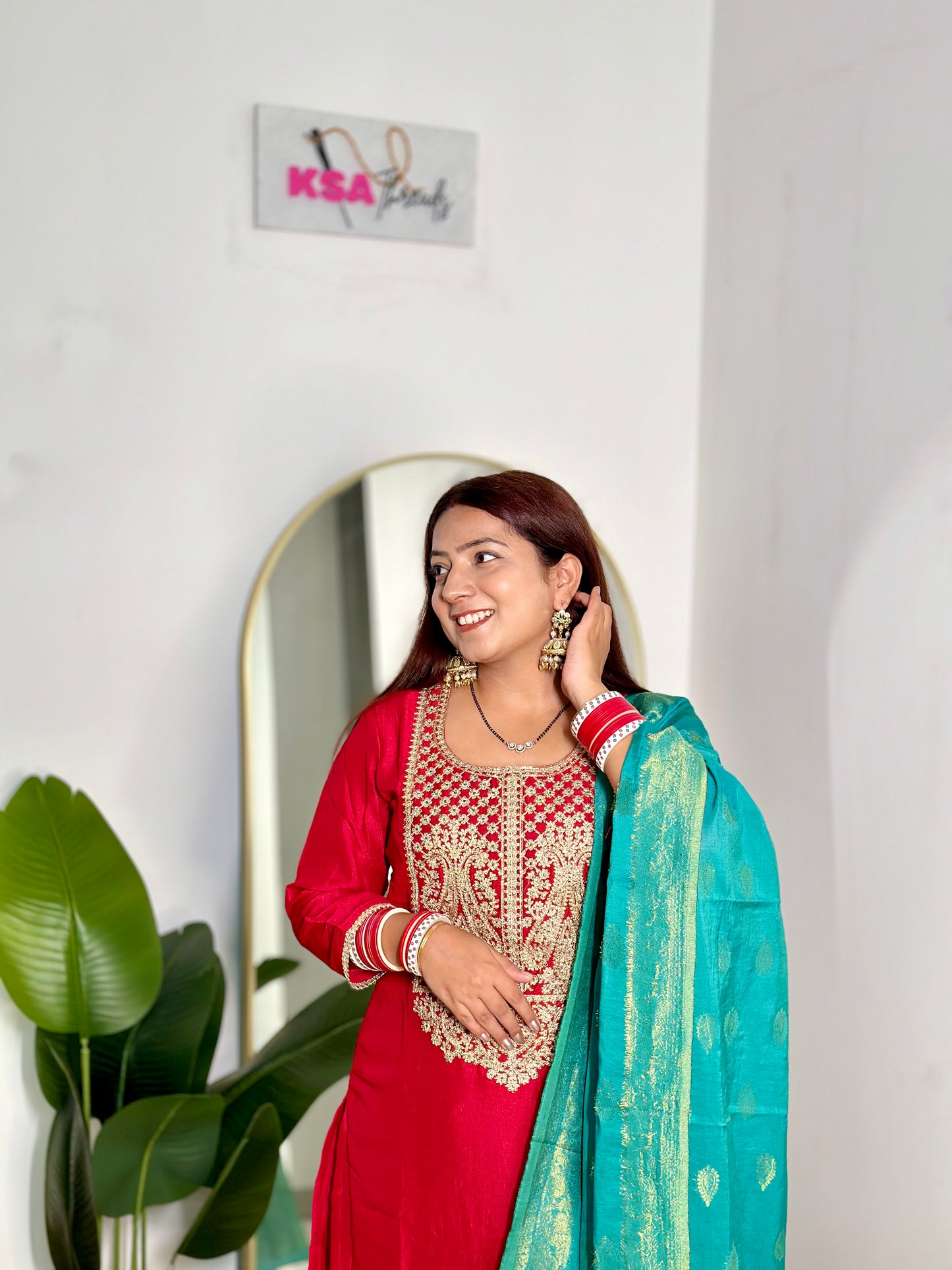 Red Pant Suit w/ Banarasi Dupatta