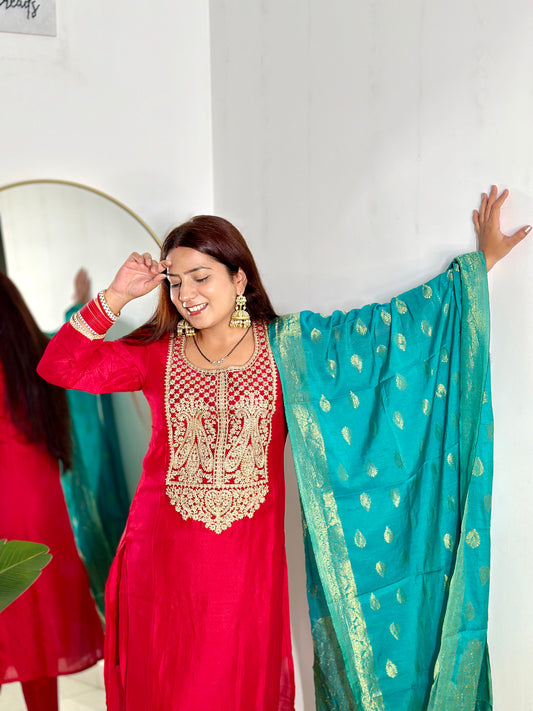 Red Pant Suit w/ Banarasi Dupatta